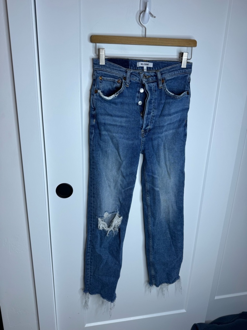 Re/Done 70’s Ultra High Rise Stove Pipe Fray Straight Leg Jeans Size 27 - Picture 2 of 8
